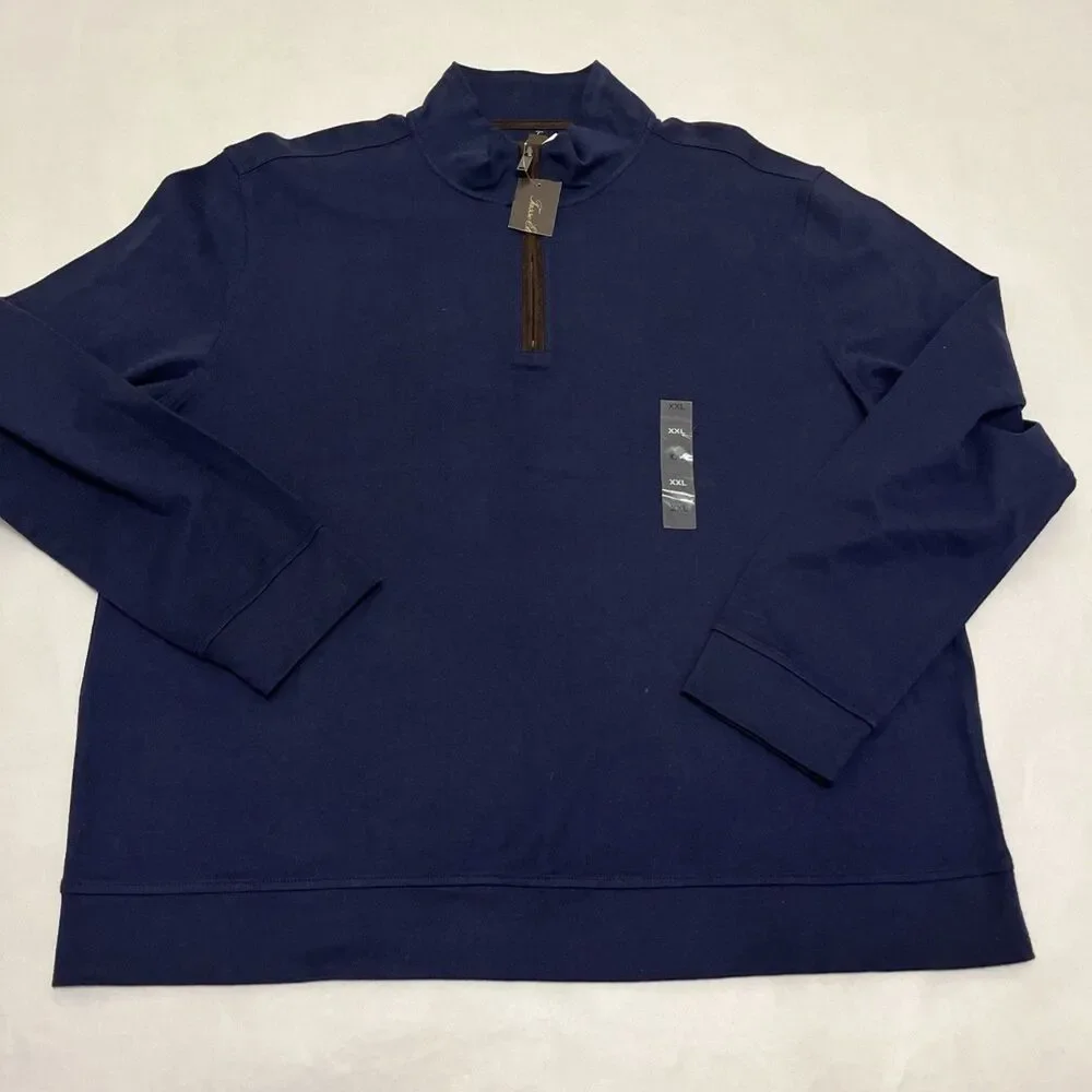 TASSO ELBA Men's 1/4 Zip Pullover Sweater Cotton Faux Suede Navy Blue Size 2XL